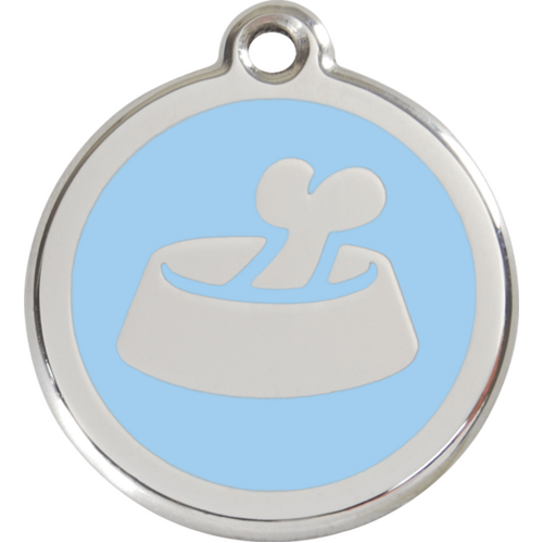 Red Dingo Bone in Bowl Tag Light Blue - Lifetime Guarantee - Cat, Dog, Pet ID Tag Engraved