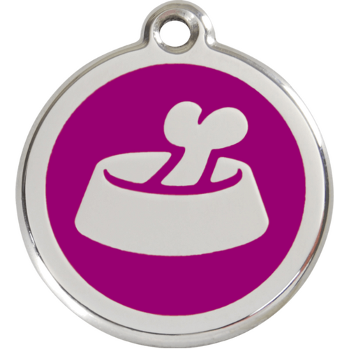 Red Dingo Bone in Bowl Tag Purple - Lifetime Guarantee - Cat, Dog, Pet ID Tag Engraved