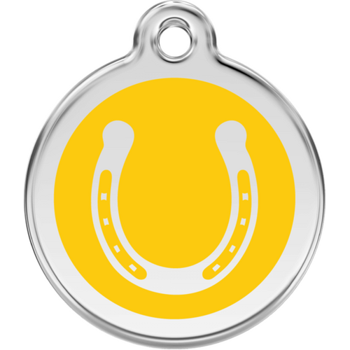 Red Dingo Horse Shoe Yellow Tag - Lifetime Guarantee - Cat, Dog, Pet ID Tag Engraved