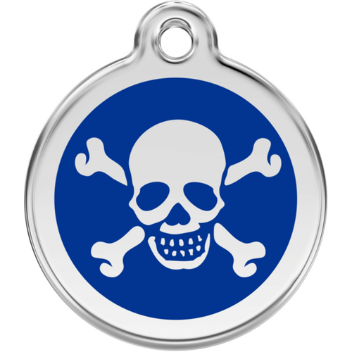 Red Dingo Skull &amp; Cross Bones Dark Blue Tag - Lifetime Guarantee - Cat, Dog, Pet ID Tag Engraved