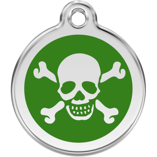 Red Dingo Skull &amp; Cross Bones Green Tag - Lifetime Guarantee - Cat, Dog, Pet ID Tag Engraved