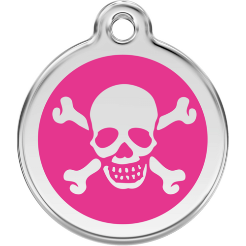 Red Dingo Skull &amp; Cross Bones Hot Pink Tag - Lifetime Guarantee - Cat, Dog, Pet ID Tag Engraved