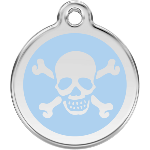 Red Dingo Skull &amp; Cross Bones Light Blue Tag - Lifetime Guarantee - Cat, Dog, Pet ID Tag Engraved