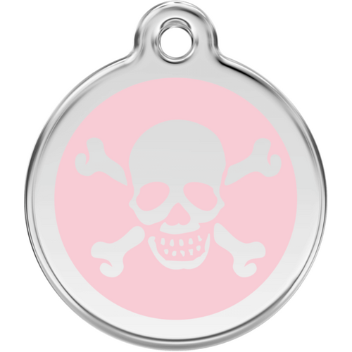 Red Dingo Skull &amp; Cross Bones Pink Tag - Lifetime Guarantee - Cat, Dog, Pet ID Tag Engraved