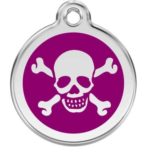 Red Dingo Skull &amp; Cross Bones Purple Tag - Lifetime Guarantee - Cat, Dog, Pet ID Tag Engraved