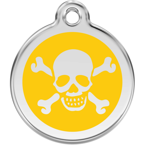 Red Dingo Skull &amp; Cross Bones Yellow Tag - Lifetime Guarantee - Cat, Dog, Pet ID Tag Engraved