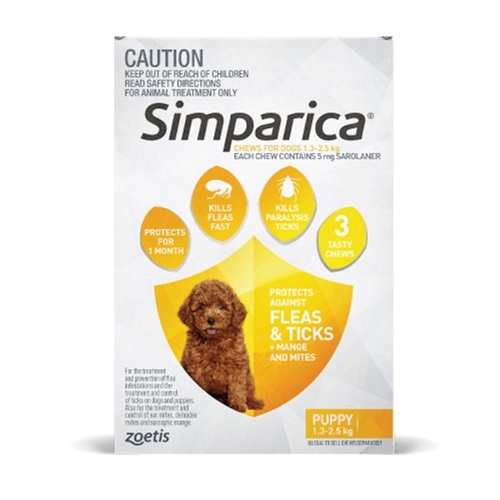 Simparica Chews for Dogs 2.8 -5.5lbs (1.3 - 2.5 kg) - Yellow 3 Chews