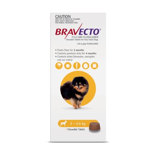 Bravecto CHEWABLE Tablet for Very Small Dogs 4.4-9.9lbs (2-4.5kg) Yellow