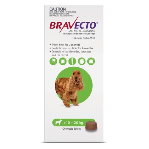 Bravecto CHEWABLE Tablet for Medium Dogs 22-44lbs (10-20kg) Green