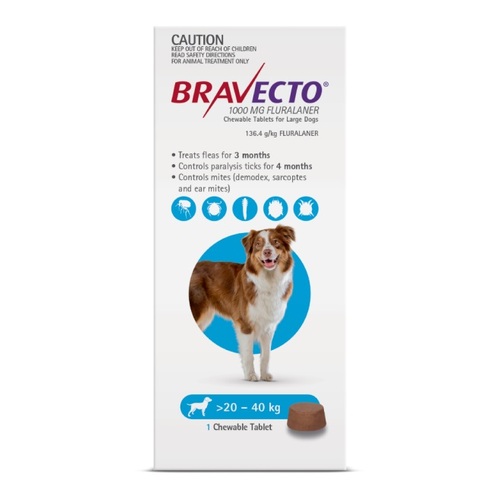 Bravecto CHEWABLE Tablet for Large Dogs 44-88lbs (20-40kg) Blue