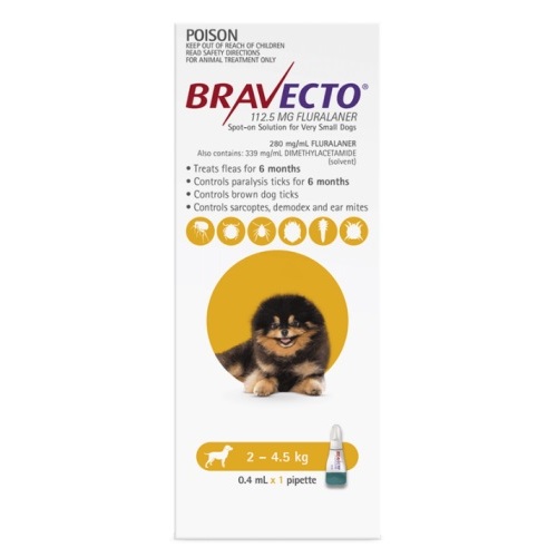 Bravecto SPOT ON for Extra small Dogs 4.4-9.9lbs (2-4.5kg) Yellow