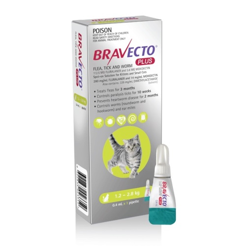 Bravecto PLUS For Small Cats 2.6-6.2lbs (1.2 -2.8kg) Green