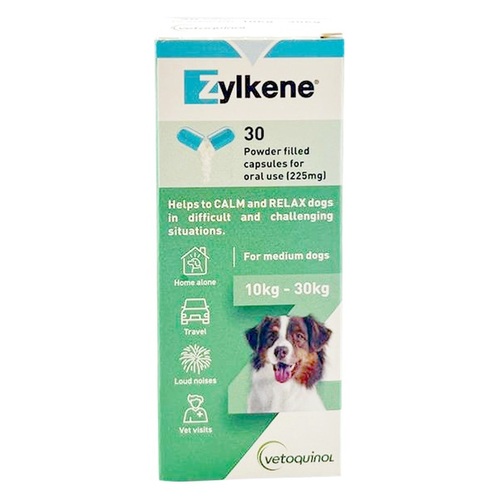 Zylkene Calming Supplement For Medium Dogs 22-66lbs (10-30kg Green) 225mg - 30 Capsules