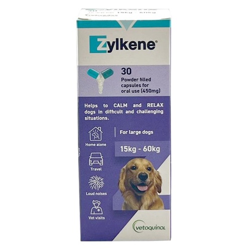 Zylkene Calming Supplement For Large Dogs 33-132lbs (15-60kg Purple) 450mg - 30 Capsules