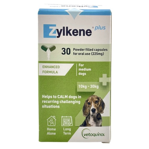 Zylkene PLUS Capsules for Medium Dogs 22-66lbs (10-30kg Green) 225mg - 30 Capsules