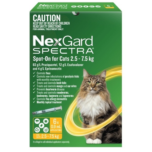 Nexgard Spectra Spot-On For Large Cats 5.5-16.5lbs (2.5kg to 7.5kg) Yellow