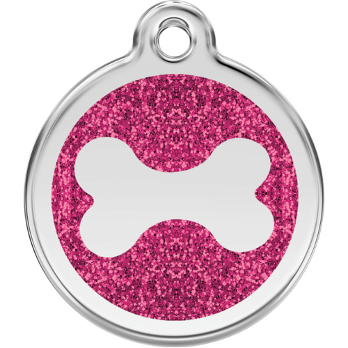 Red Dingo Glitter Bone Tag Hot Pink - Lifetime Guarantee - Cat, Dog, Pet ID Tag Engraved