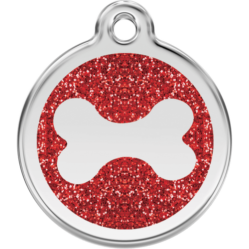 Red Dingo Glitter Bone Tag Red - Lifetime Guarantee - Cat, Dog, Pet ID Tag Engraved