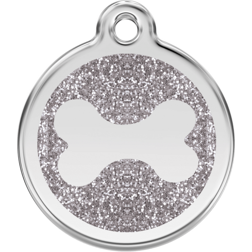 Red Dingo Glitter Bone Tag SIlver - Lifetime Guarantee - Cat, Dog, Pet ID Tag Engraved