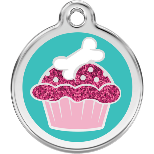 Red Dingo Cupcake Glitter Aqua Tag - Lifetime Guarantee - Cat, Dog, Pet ID Tag Engraved