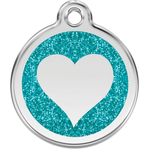 Red Dingo Glitter Aqua Heart Tag - Lifetime Guarantee - Cat, Dog, Pet ID Tag Engraved