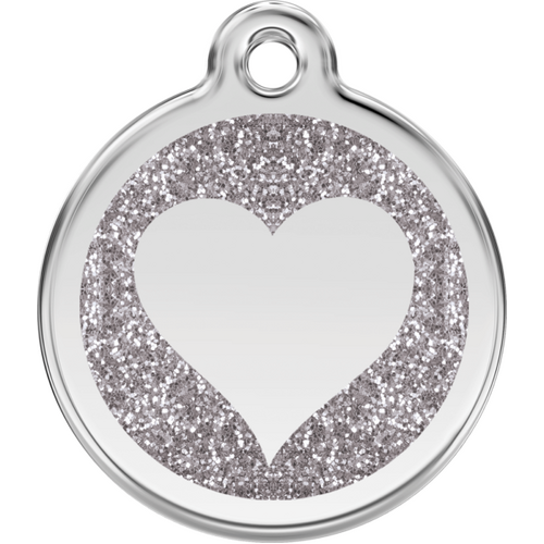 Red Dingo Glitter Silver Heart Tag - Lifetime Guarantee - Cat, Dog, Pet ID Tag Engraved