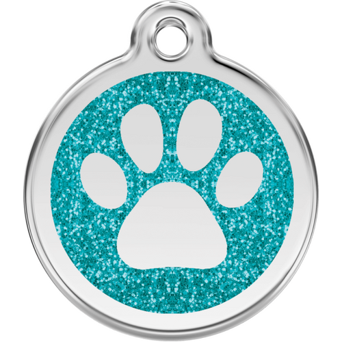 Red Dingo Glitter Paw Print Tag Aqua - Lifetime Guarantee - Cat, Dog, Pet ID Tag Engraved