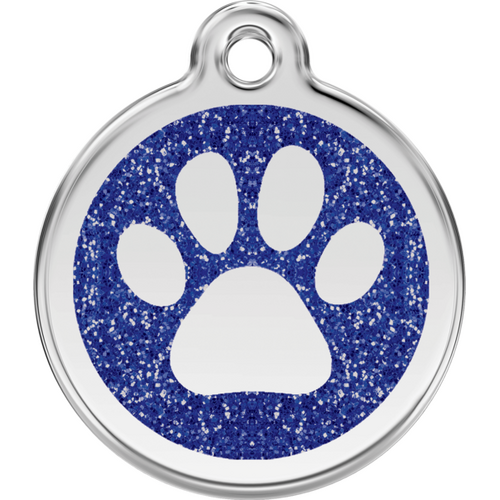 Red Dingo Glitter Paw Print Tag Blue - Lifetime Guarantee - Cat, Dog, Pet ID Tag Engraved