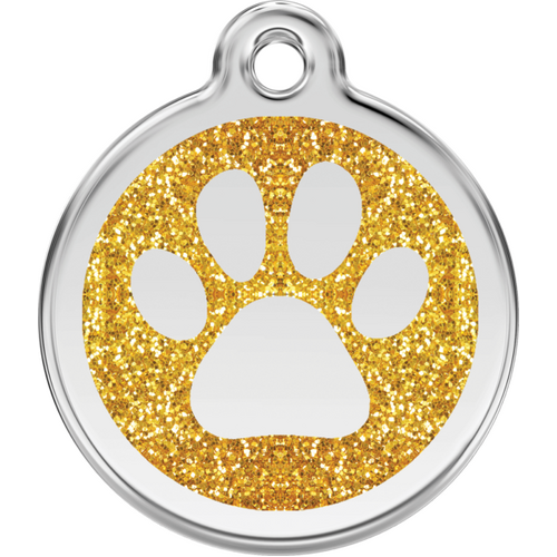 Red Dingo Glitter Paw Print Tag Gold - Lifetime Guarantee - Cat, Dog, Pet ID Tag Engraved