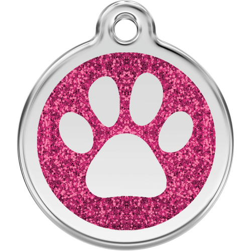 Red Dingo Glitter Paw Print Tag Hot Pink - Lifetime Guarantee - Cat, Dog, Pet ID Tag Engraved