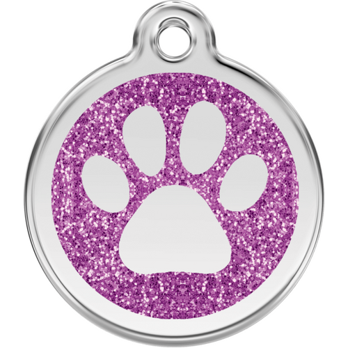 Red Dingo Glitter Paw Print Tag Purple - Lifetime Guarantee - Cat, Dog, Pet ID Tag Engraved