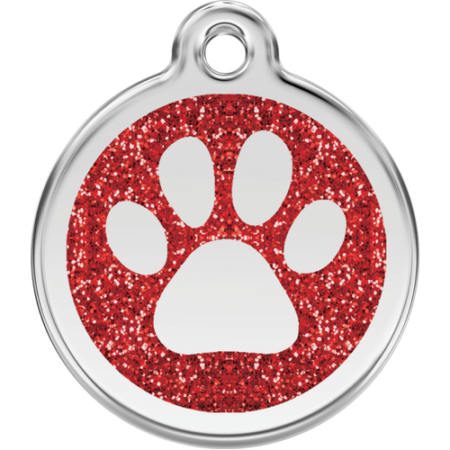 Red Dingo Glitter Paw Print Tag Red - Lifetime Guarantee - Cat, Dog, Pet ID Tag Engraved