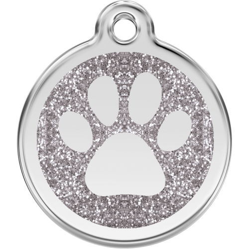 Red Dingo Glitter Paw Print Tag Silver - Lifetime Guarantee - Cat, Dog, Pet ID Tag Engraved