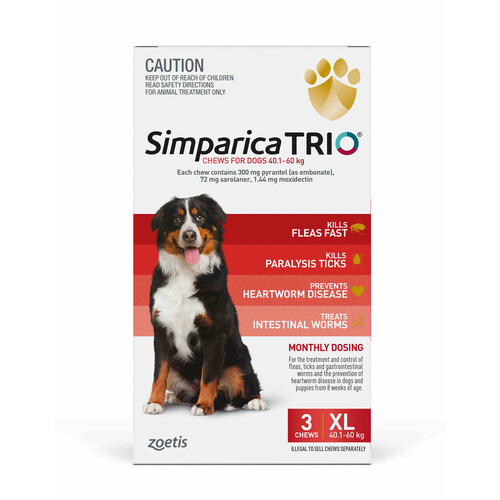 Simparica TRIO Chews for X-Large Dogs 88 - 132lbs (40.1 - 60kg) - Red